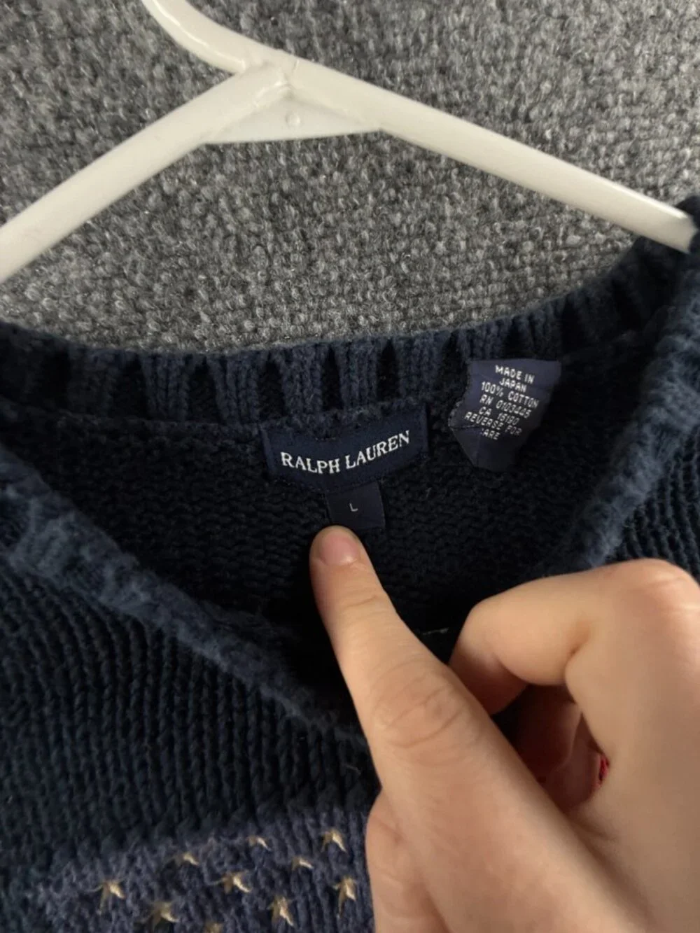 Ralph Lauren Boys Flag Sweater USA Large Cotton Japan Made Navy Blue Crew Neck